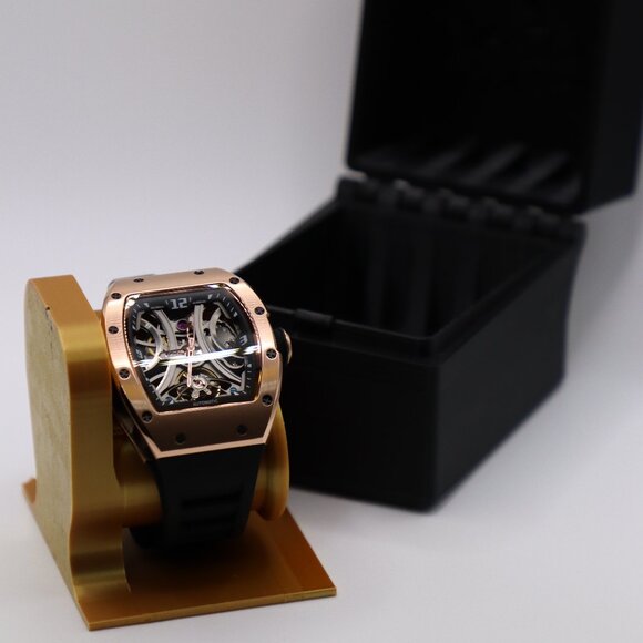Rose Gold Skeleton Automatic Watch | 40mm Case | Exhibition Back | Black Rubber - Picture 1 of 7